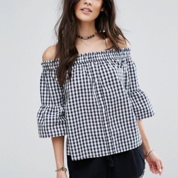Abercrombie & Fitch Top Womens XS Navy Gingham Cottagecore Rodeo Western Preppy - Picture 1 of 8